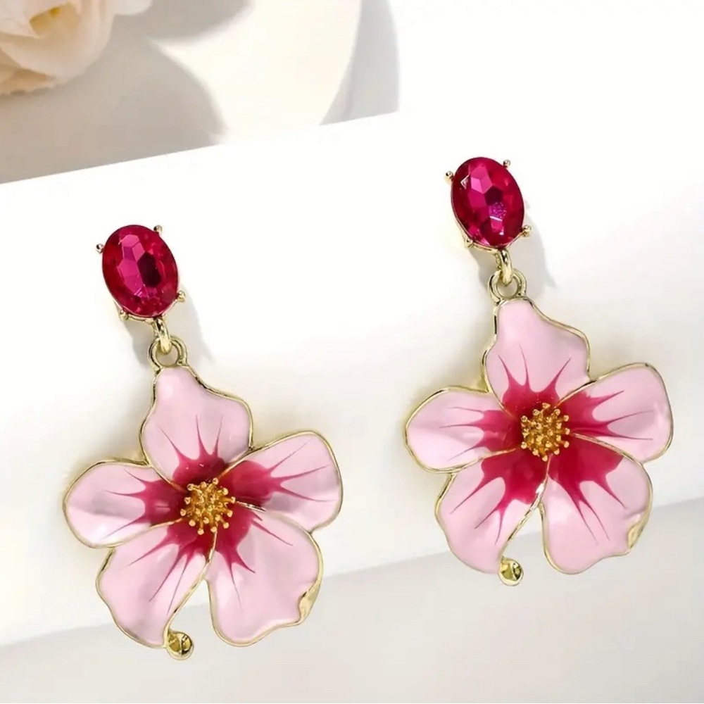 Hibiscus Pink Floral Earrings Rhinestone Enameled Gold Dangling Hypoallergenic